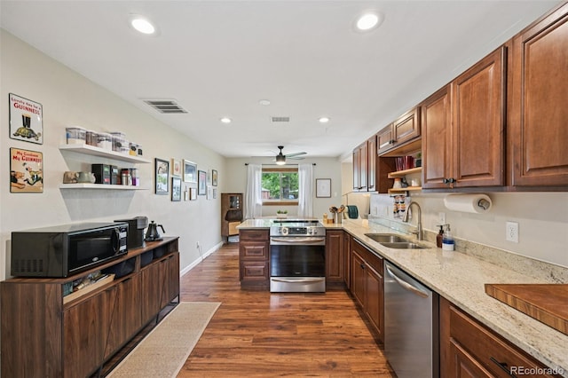 9150 Fir Dr, Thornton, CO 80229 - kitchen with appliances with stainless steel finishes, open shelves, dark wood-style flooring, recessed lighting, and a ceiling fan