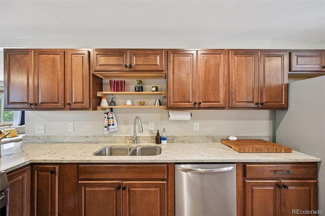 9150 Fir Dr, Thornton, CO 80229 - kitchen with stainless steel appliances, light stone countertops, open shelves, and brown cabinets