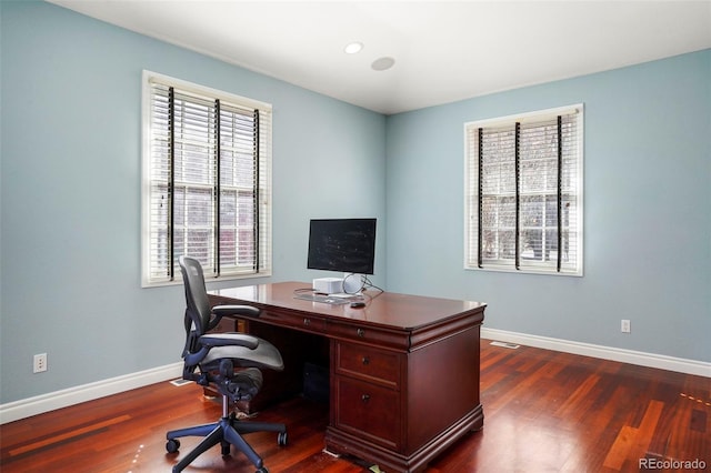 office featuring baseboards and dark wood-style floors