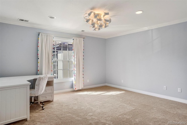 carpeted office space featuring recessed lighting, visible vents, baseboards, and crown molding