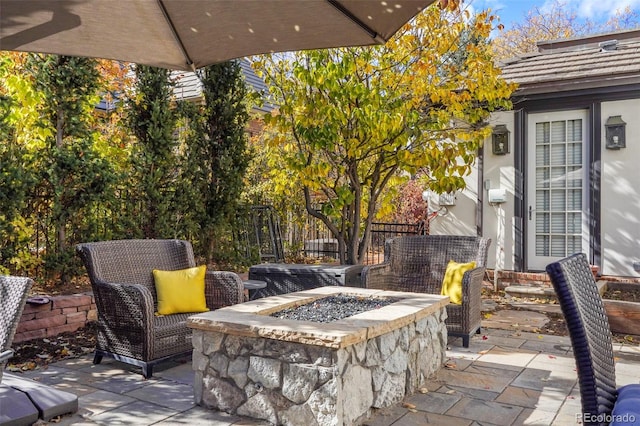 view of patio / terrace with a fire pit and fence