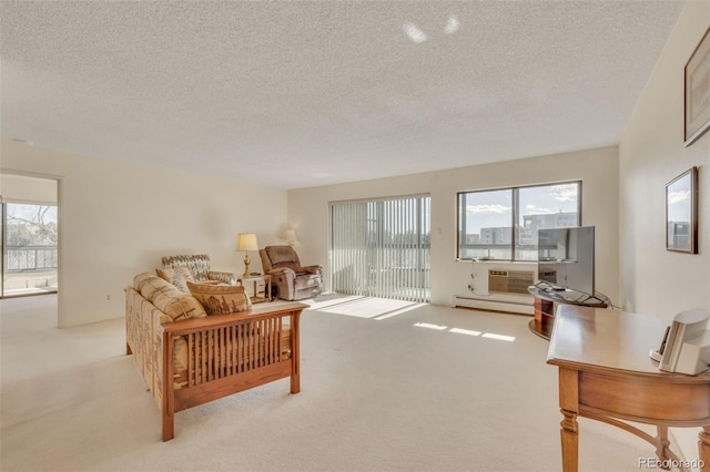 carpeted living room with a textured ceiling and a baseboard heating unit