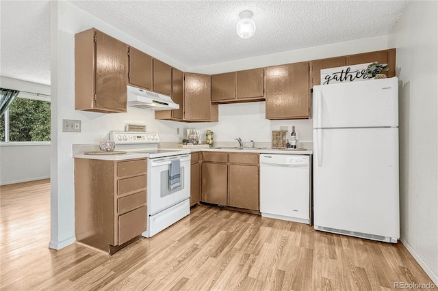 kitchen with sink, white appliances, a textured ceiling, and light wood-type flooring