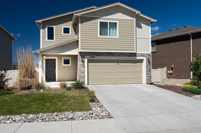 7568 Benecia Dr, Fountain, CO 80817 - view of front of home with stone siding, a garage, and concrete driveway