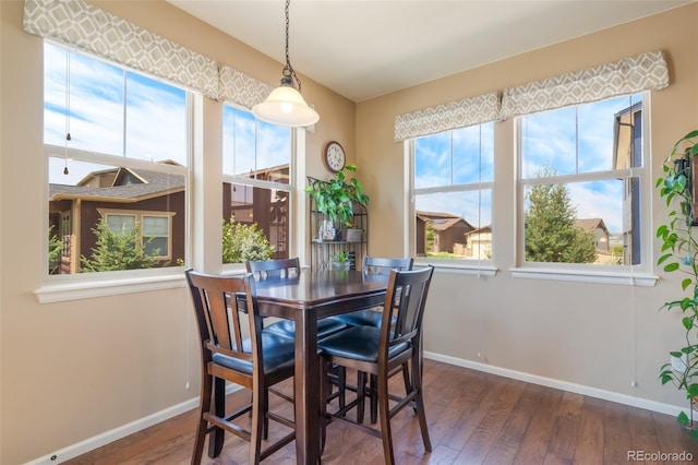 dining space with dark hardwood / wood-style flooring