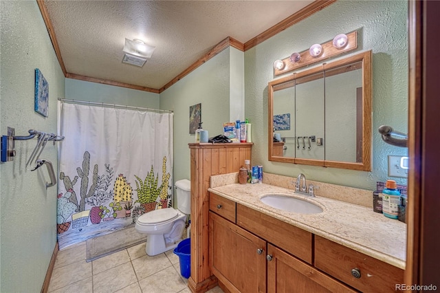 410 W 16th St, Salida, CO 81201 - bathroom featuring ornamental molding, a textured wall, toilet, a textured ceiling, and vanity
