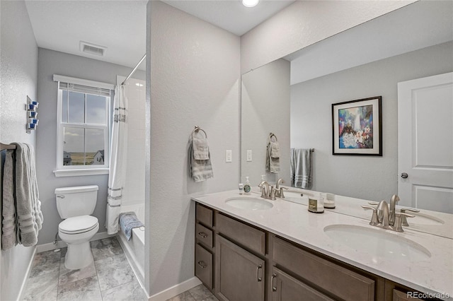 full bathroom featuring vanity, toilet, and shower / bathtub combination with curtain