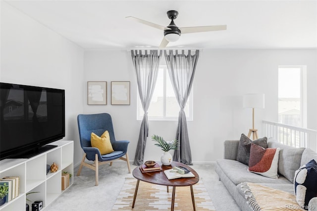 6117 Easton Cir, Frederick, CO 80504 - living room featuring light carpet and ceiling fan