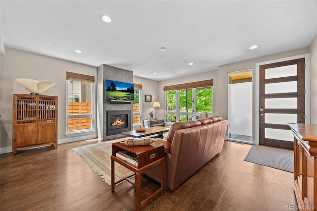 2730 Hooker St, Denver, CO 80211 - living room with dark wood-style flooring, a large fireplace, and recessed lighting
