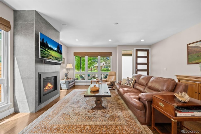 2730 Hooker St, Denver, CO 80211 - living room with wood finished floors, a tile fireplace, and recessed lighting
