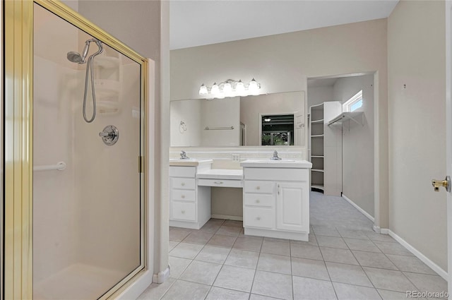 bathroom with tile patterned flooring, vanity, and walk in shower