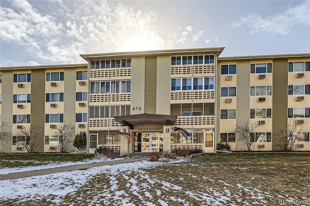 view of snow covered building