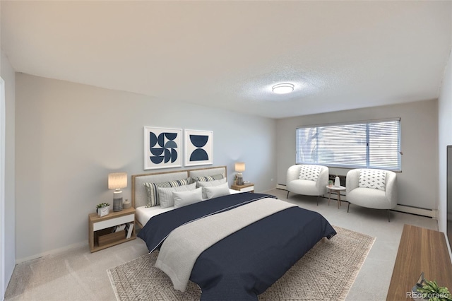 bedroom with light colored carpet, a textured ceiling, and baseboard heating