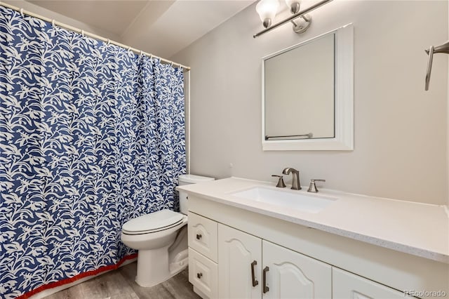 bathroom with wood-type flooring, toilet, and vanity