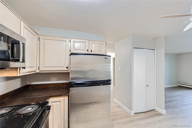 kitchen with light hardwood / wood-style floors, ceiling fan, and appliances with stainless steel finishes