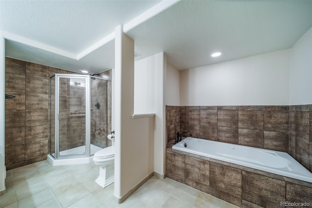 full bathroom featuring a stall shower, tile patterned floors, a bath, toilet, and recessed lighting