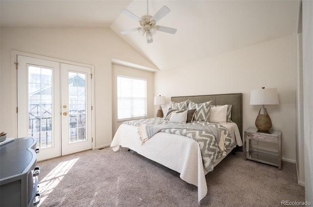 carpeted bedroom with access to outside, french doors, ceiling fan, and lofted ceiling