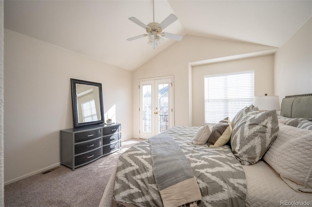bedroom featuring a ceiling fan, visible vents, vaulted ceiling, light carpet, and access to exterior