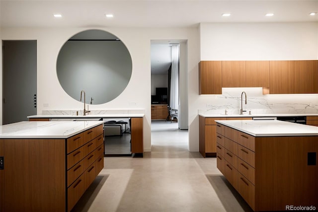 9 Sedgwick Dr, Englewood, CO 80113 - kitchen with a kitchen island, modern cabinets, brown cabinets, concrete flooring, and recessed lighting