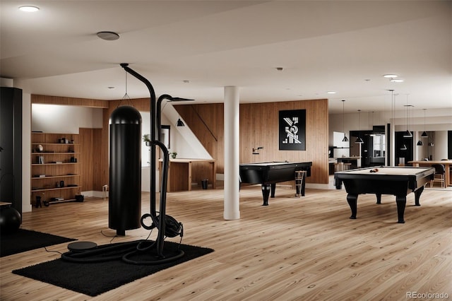 9 Sedgwick Dr, Englewood, CO 80113 - exercise area with billiards, light wood-type flooring, wood walls, and recessed lighting