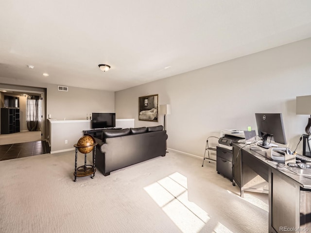 home office featuring light carpet