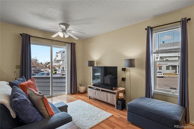 living room with a textured ceiling, ceiling fan, light wood finished floors, and a healthy amount of sunlight