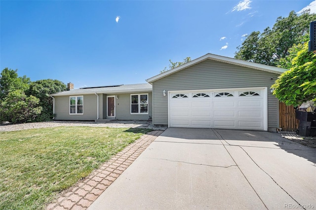4844 E 110th Pl, Thornton, CO 80233 - ranch-style house with concrete driveway, solar panels, a front lawn, a garage, and a chimney