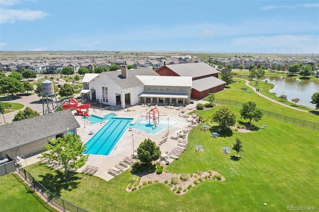 18079 E 108th Pl, Commerce City, CO 80022 - aerial view of residential area featuring a pool and a nearby body of water