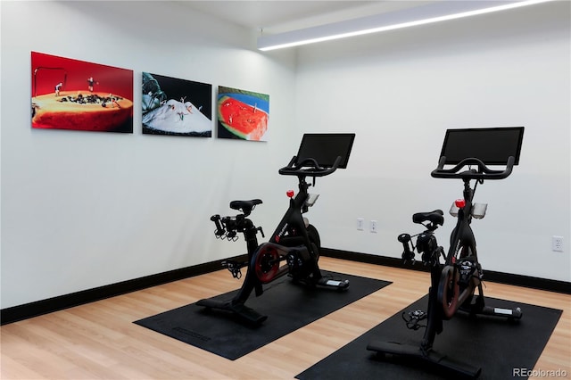 workout room featuring wood-type flooring