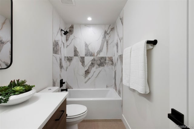 2450 S Cherokee St, Denver, CO 80223 - bathroom with vanity, toilet,  shower combination, and recessed lighting
