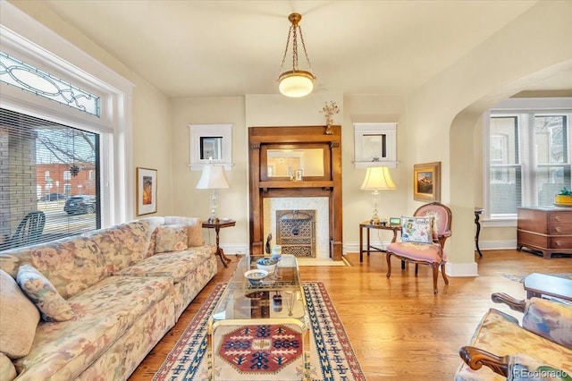 living room with light hardwood / wood-style flooring