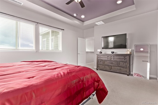 6990 E 132nd Pl, Thornton, CO 80602 - carpeted bedroom featuring a raised ceiling, recessed lighting, and a ceiling fan