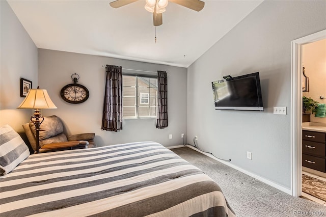 bedroom with carpet floors, baseboards, ceiling fan, and lofted ceiling