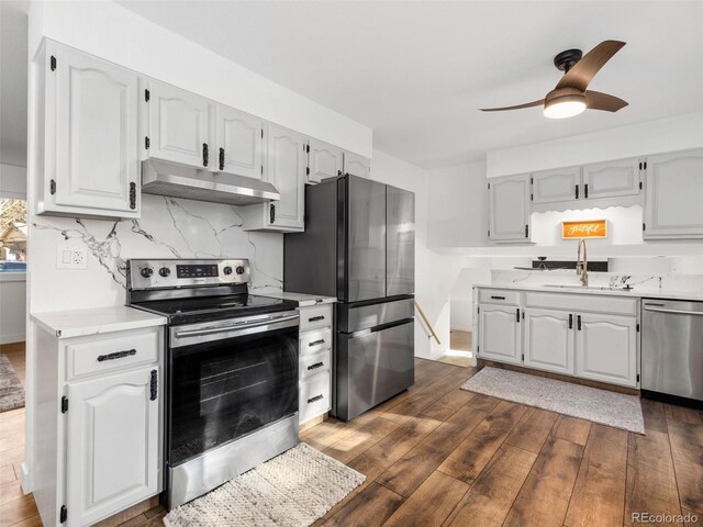 kitchen with under cabinet range hood, light countertops, dark wood-style floors, stainless steel appliances, and a sink