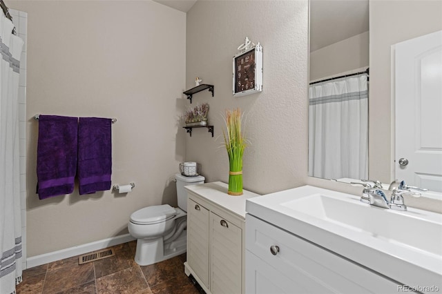 full bath featuring toilet, vanity, visible vents, baseboards, and stone finish flooring