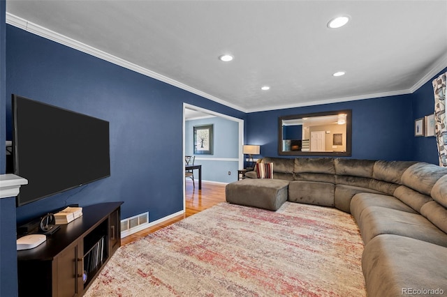 3767 E Phillips Cir, Centennial, CO 80122 - living room with wood finished floors, recessed lighting, crown molding, and baseboards