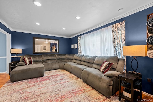 3767 E Phillips Cir, Centennial, CO 80122 - living area with wood finished floors, ornamental molding, recessed lighting, and baseboards