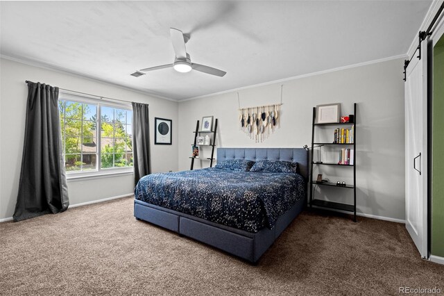 3767 E Phillips Cir, Centennial, CO 80122 - carpeted bedroom featuring a barn door, baseboards, ornamental molding, and a ceiling fan
