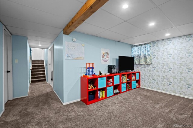 3767 E Phillips Cir, Centennial, CO 80122 - rec room featuring carpet flooring, recessed lighting, baseboards, a paneled ceiling, and wallpapered walls