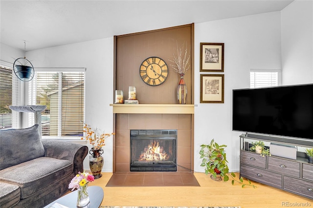 living area featuring wood finished floors, a fireplace, baseboards, and lofted ceiling
