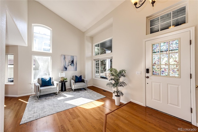 entrance foyer with baseboards, high vaulted ceiling, and wood finished floors