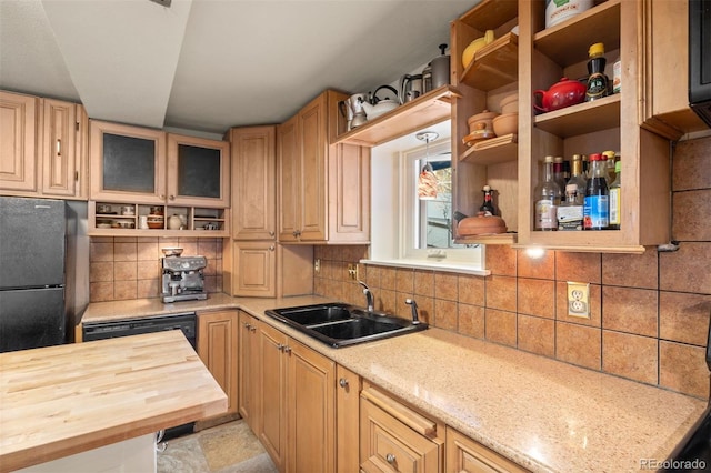 2041 Virginia St, Idaho Springs, CO 80452 - kitchen with open shelves, backsplash, wooden counters, and a sink