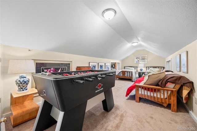 2041 Virginia St, Idaho Springs, CO 80452 - game room featuring lofted ceiling, a textured ceiling, and light colored carpet