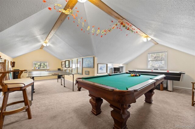 2041 Virginia St, Idaho Springs, CO 80452 - game room featuring carpet, a textured ceiling, and lofted ceiling