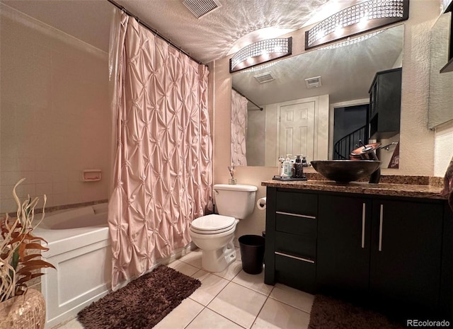 bathroom with tile patterned flooring, toilet, shower / bathtub combination with curtain, and vanity