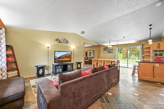 26499 W St, Conifer, CO 80433 - living area with lofted ceiling, a textured ceiling, and stone tile flooring