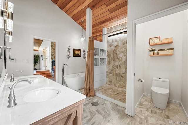 26499 W St, Conifer, CO 80433 - full bathroom featuring wood ceiling, vaulted ceiling, tiled shower, and double vanity