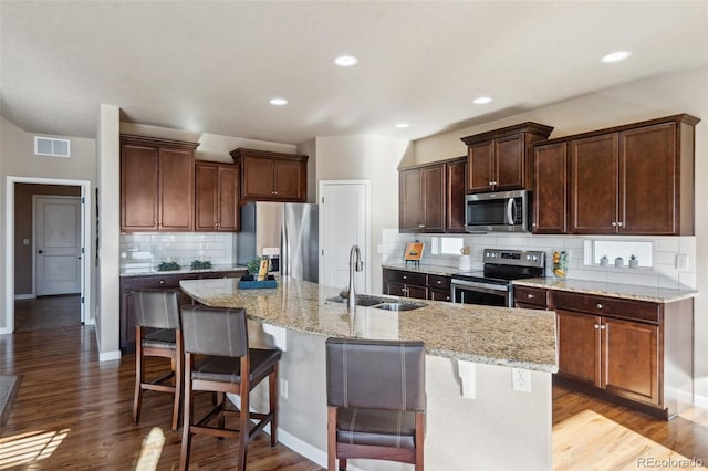 kitchen with a breakfast bar, a kitchen island with sink, sink, and stainless steel appliances