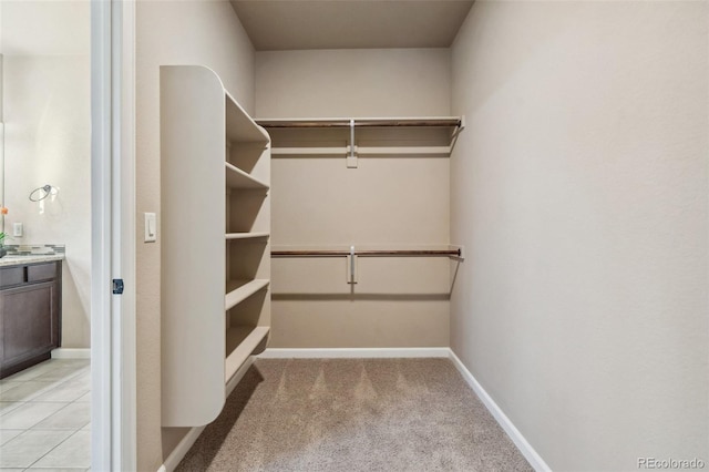 walk in closet with light colored carpet