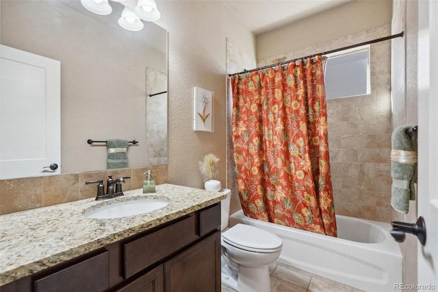 full bathroom with backsplash, tile patterned floors, vanity, shower / bathtub combination with curtain, and toilet